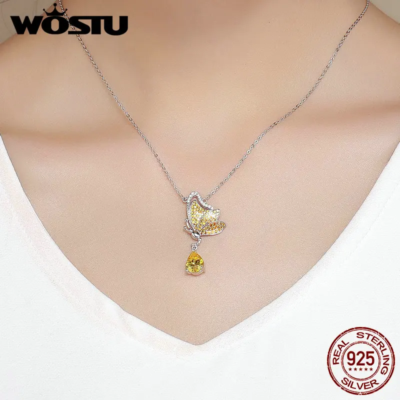 WOSTU романтическое Новое серебро 925 пробы танцевальная Бабочка Желтый CZ кулон