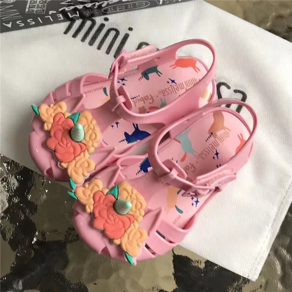 Розовый Mini Melissa/ оригинальные брендовые прозрачные сандалии с единорогом и цветами для девочек; римские сандалии для девочек; нескользящие сандалии Melissa для малышей - Цвет: Розовый