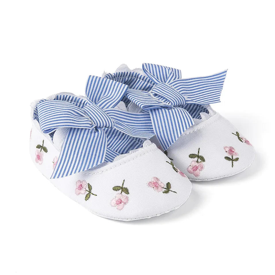 2020 New Baby Girl Shoes Floral Embroidery Spring Autumn Striped With Bow Princess Toddler Soft Soled First Walker |