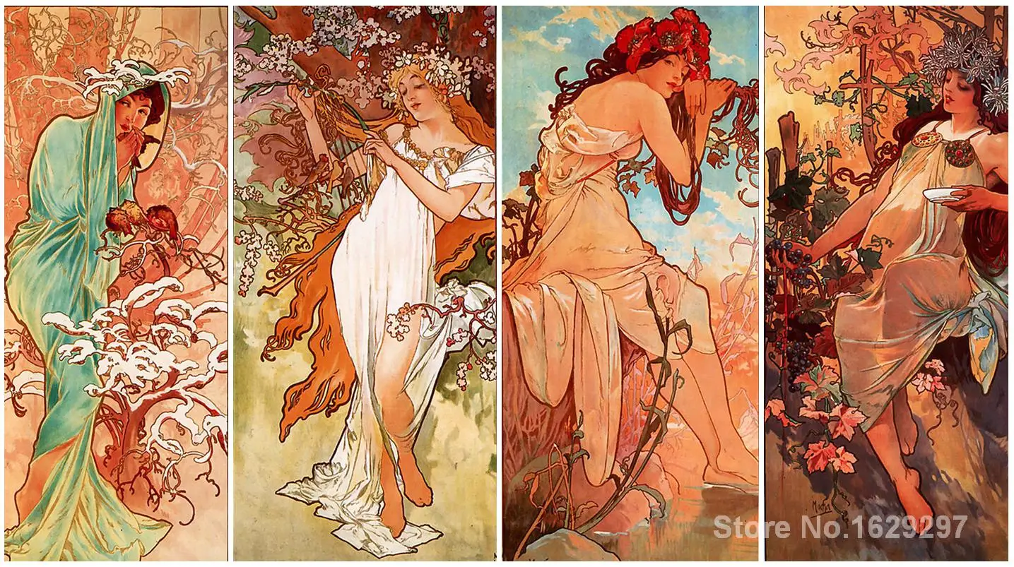 Искусство для продажи muchas 4 сезона от Alphonse Mucha холст ручной работы высокое