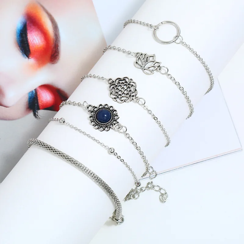

Fashion Boho Charm Bracelets Women Hollow Lotus Round Chain Link Semi-precious Stone Bracelet Sets Female Jewelry Party Gifts