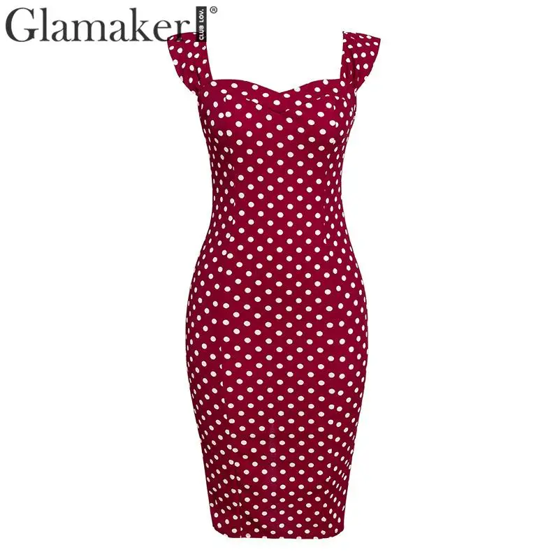Бургундия Glamaker Polk dot винтажное облегающее платье макси, женское сексуальное летнее платье миди с открытыми плечами, женское Клубное платье с эффектом пуш-ап, вечерние платья vestidos - Цвет: Бургундия