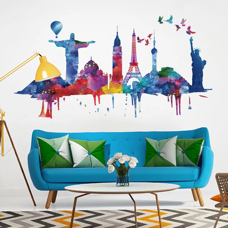 1PCS Watercolor World Architecture Landscape Wall Stickers For Living Room TV Decoration Nursery Kids ROOM DECOR 60*45CM*2 | Дом и сад