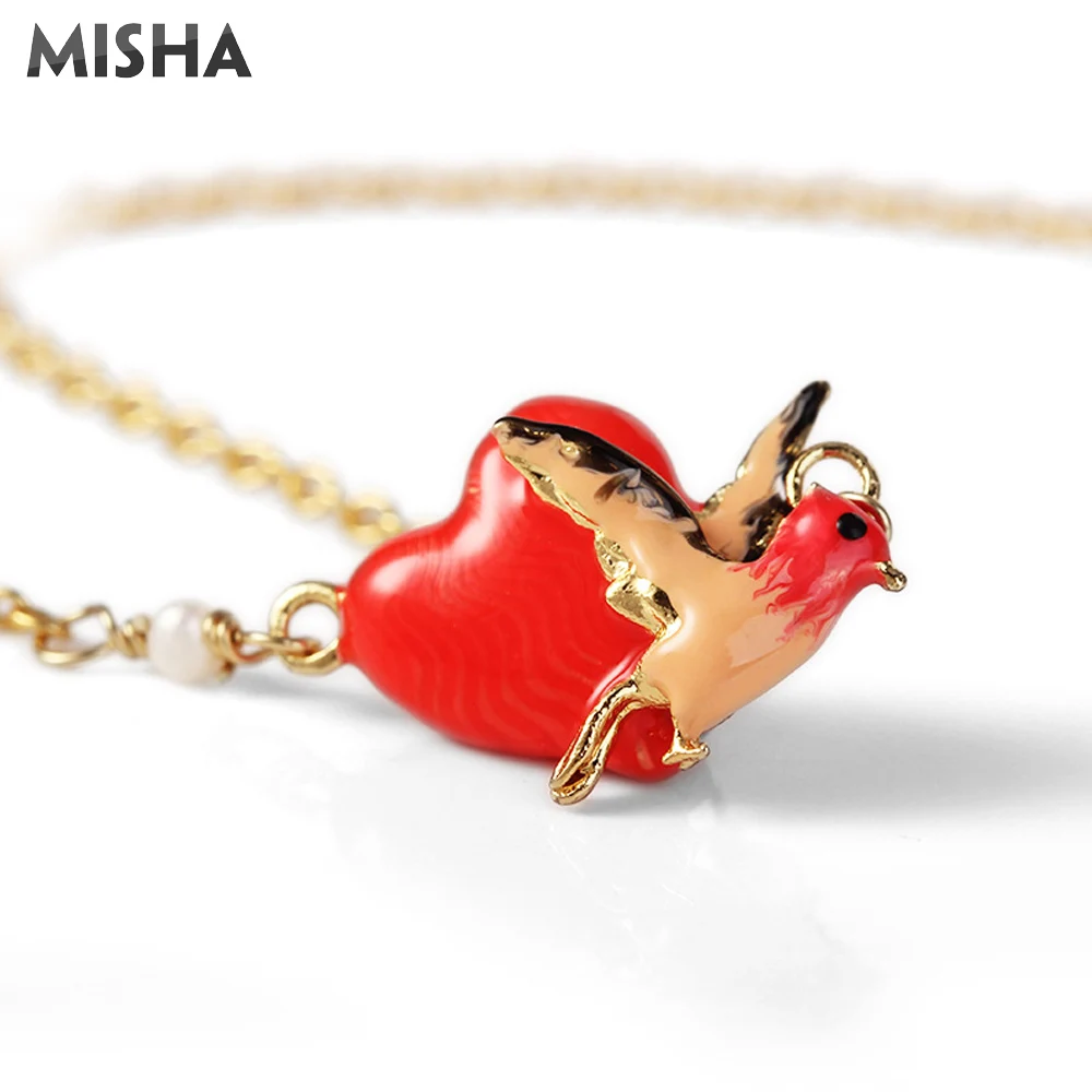 MISHA Модные Ювелирные наборы для женщин ожерелье серьги и браслет эмалированная глазурь ручной работы птица и Любовь дизайн женский подарок 02718