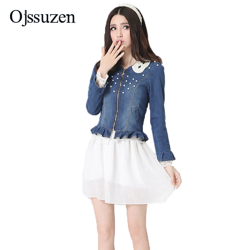 Женская джинсовая куртка с жемчужным воротником короткая Облегающая кружевом