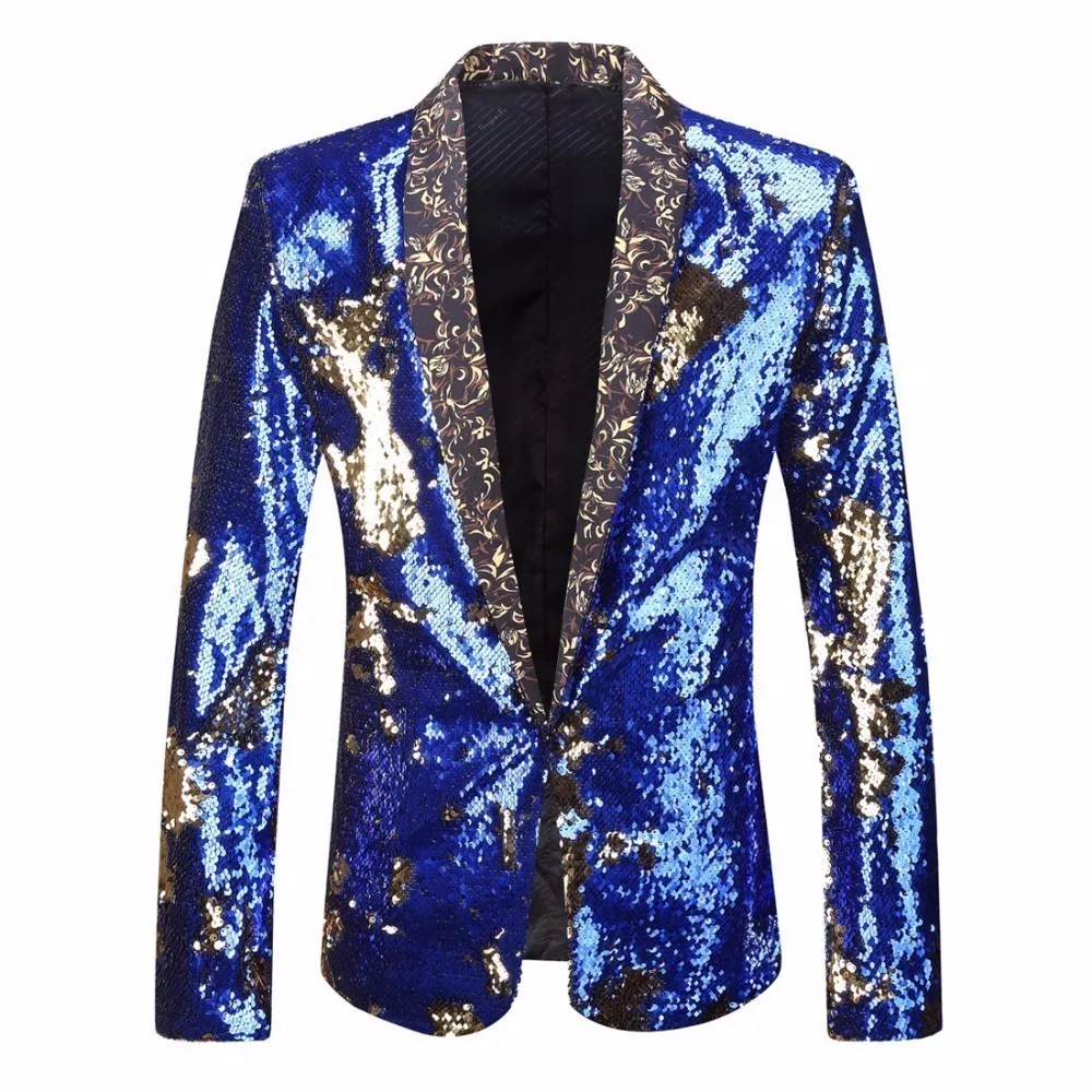 royal blue gold PYJTRL прилив Для мужчин двойной-Цвет блестки пальто; костюм; куртка в стиле «панк» для ночного клуба, бара, DJ модный кожаный чехол с откидной крышкой и блейзер с блестками сценический для певца, костюмы - Цвет: royal blue gold