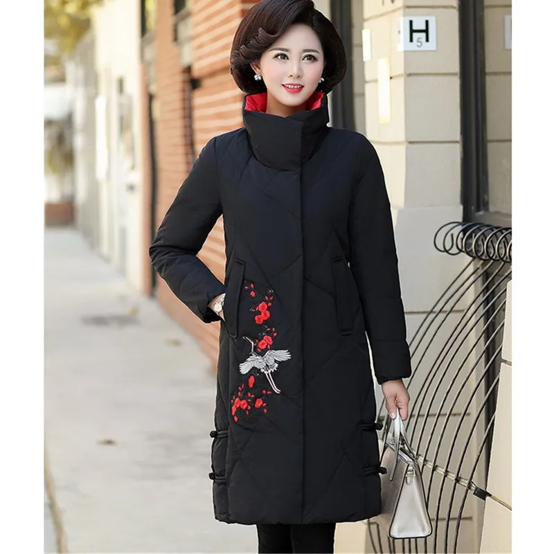

UHYTGF XL-5XL Plus size Middle aged Female Winter Coat Down Jacket Thicken Warm Jacket Standing collar Loose long Outerwear 988