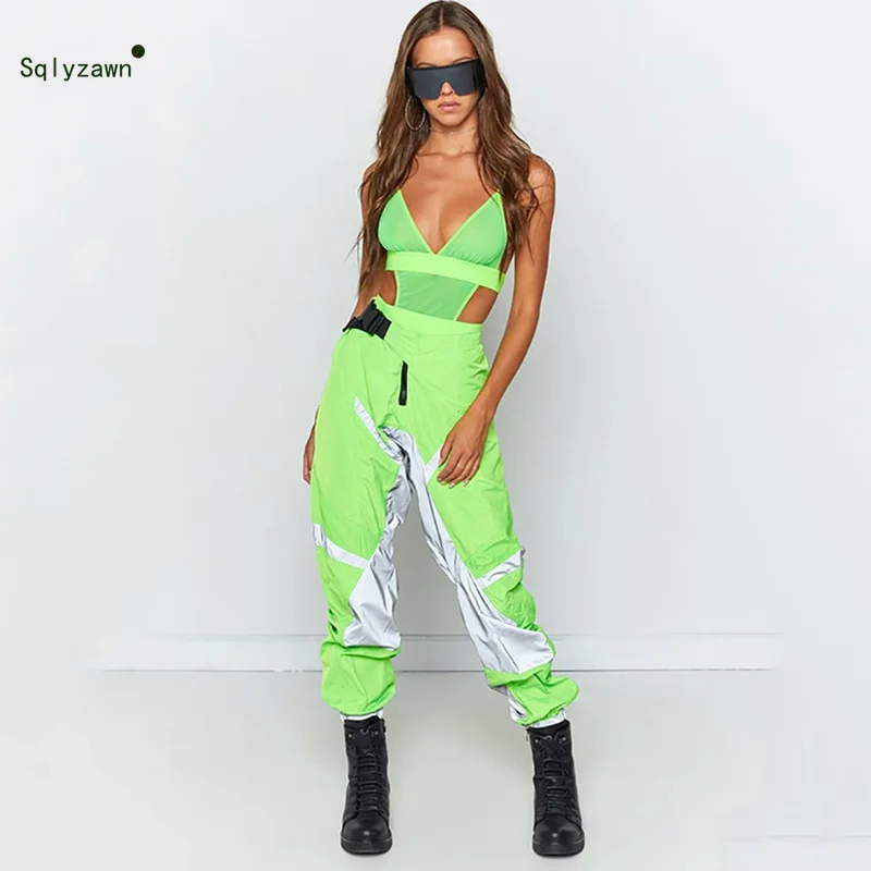 Женские уличные лоскутные брюки карго флуоресцентные Светоотражающие неоновые