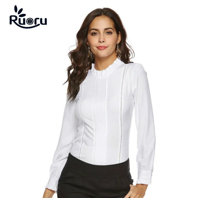 Белый Ruoru, Элегантная блузка с оборками, повседневная, Пляжная, Blusas, боди, рубашка, женский костюм, бодикон, боди, сексуальный, Mujer Camisas - Цвет: Белый