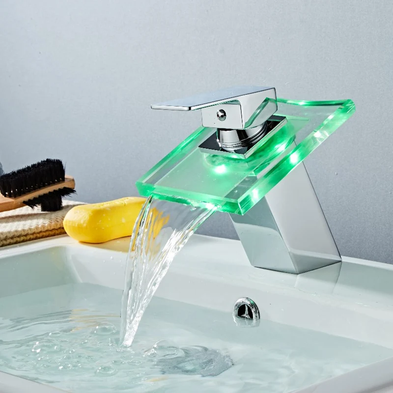 Смеситель для раковины ванной со стеклянным светодиодным водопадом латунный