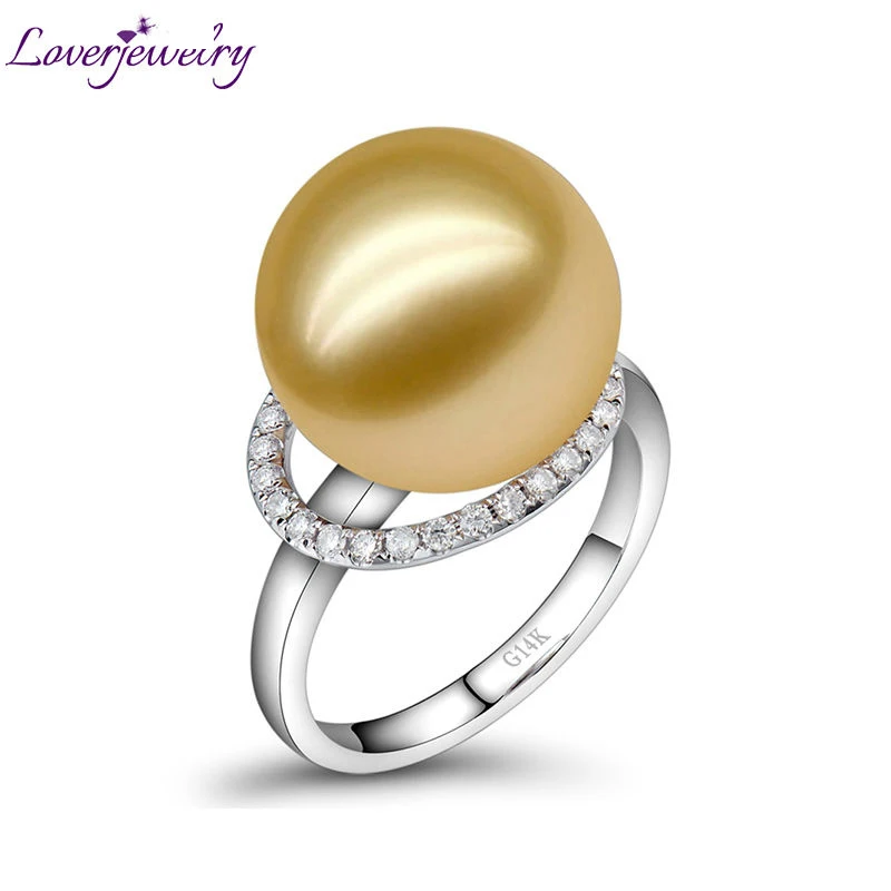 

LOVERJEWELRY Freshwater Pearl Rings for Women Engagement Diamonds Wedding Rings Solid 14Kt White Gold Eternity Love Jewelry Gift