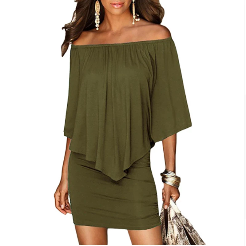 Армия Зеленый Slash шеи Для женщин мини-платье 2018 Летний стиль с плеча сексуальные