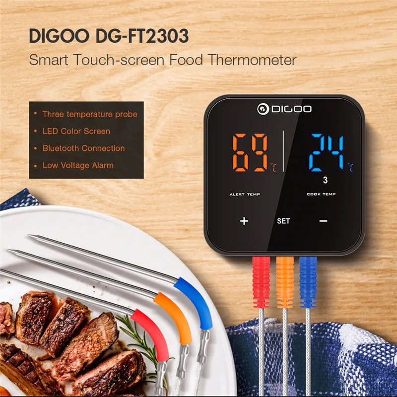 Digoo DG FT2303 трехканальный умный термометр Bluetoorh для барбекю, Кухонный Термометр для приготовления пищи+ Температурный Зонд из нержавеющей стали