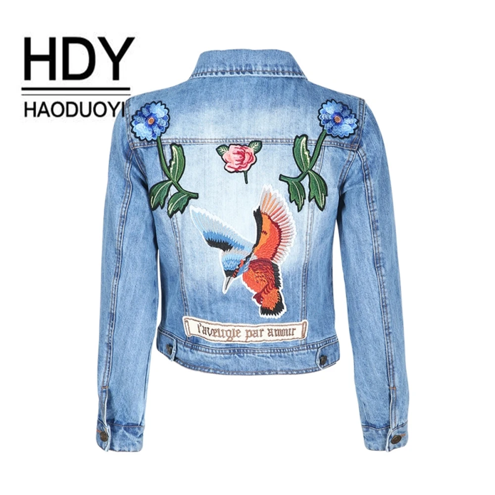 Haoduoyi одежда джинсовая куртка уличная Женская Однотонная синяя Базовая верхняя