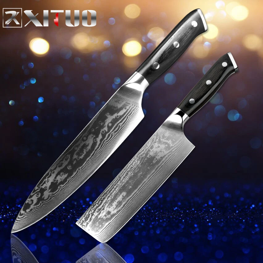 XITUO Дамасская сталь китайский нож шеф-повара набор острых santoku режет кусок рыбы мясо овощи фрукты суши дома отель кухонные инструменты - Цвет: 2PCS set
