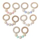 Детские игрушки Монтессори, буковое деревянное кольцо, силиконовые бусины, деревянная погремушка