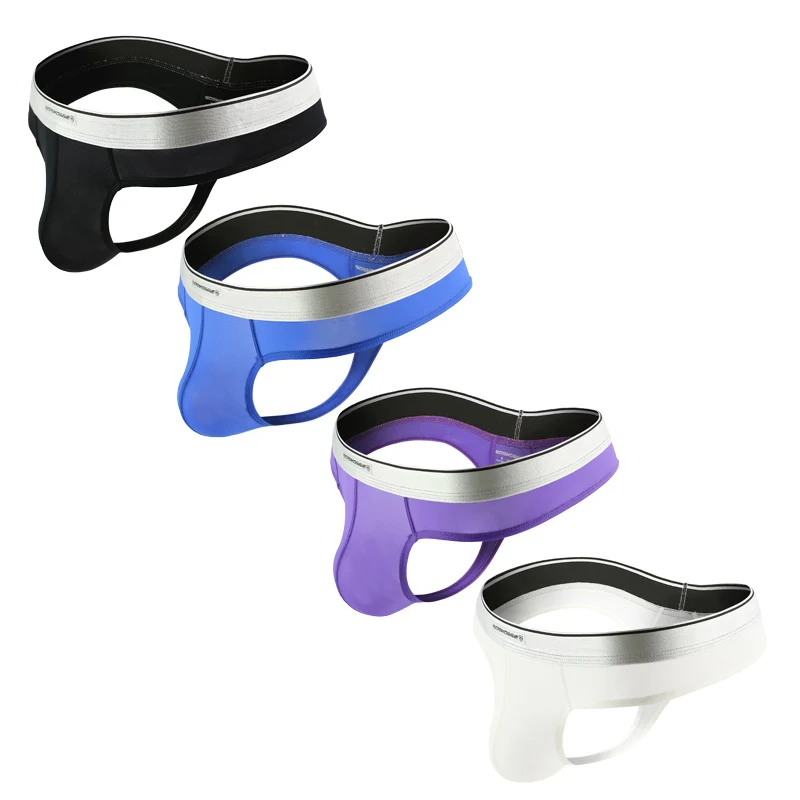 Мужские трусы стринги с карманом для пениса черные нейлоновые сетчатые