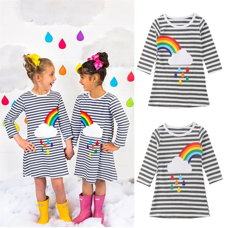 Toddler Baby Kids Girls Clothes Casual Long Sleeves Stripe Princess Party Dress Novelty Rainbow Sisters Twins Matching Outfits | Детская
