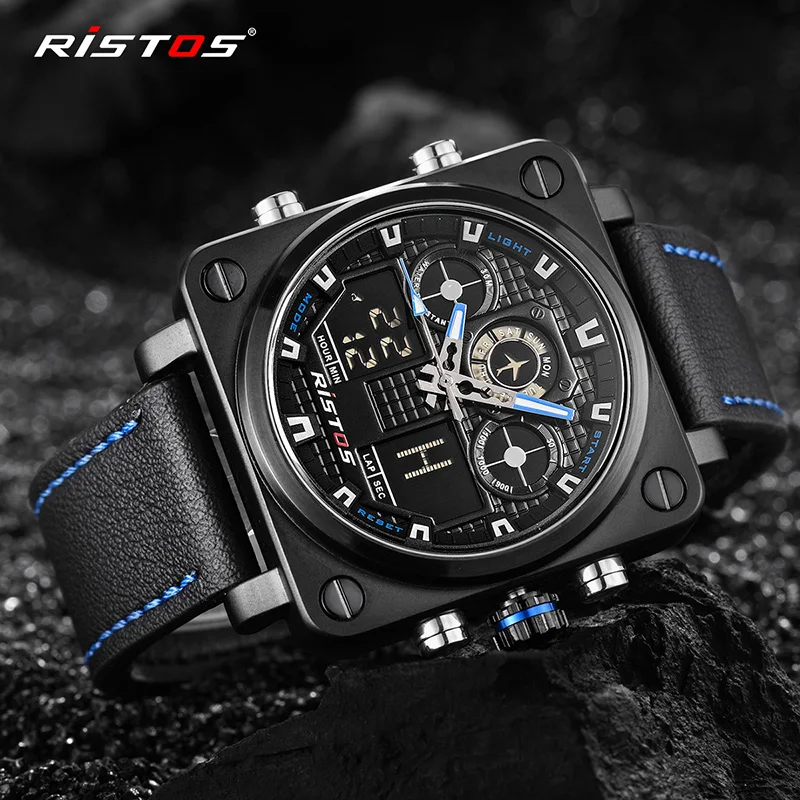 RISTOS Хронограф Мужские многофункциональные спортивные кожаные часы с двойным