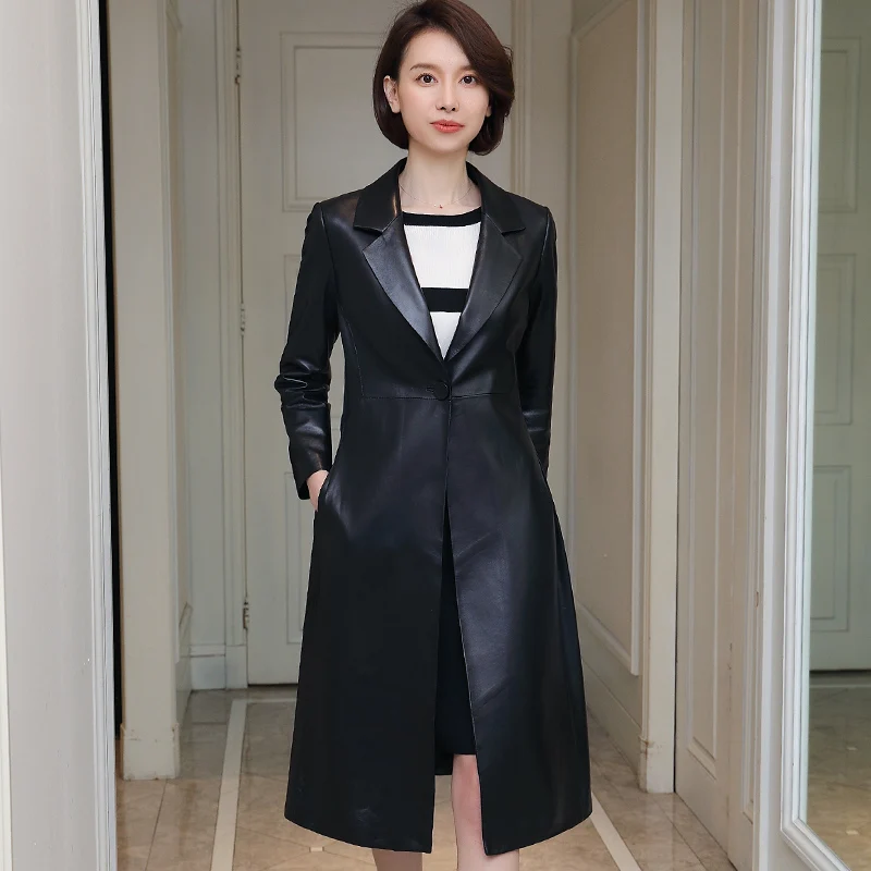 Женское пальто из натуральной овечьей кожи Длинная кожаная куртка с отложным