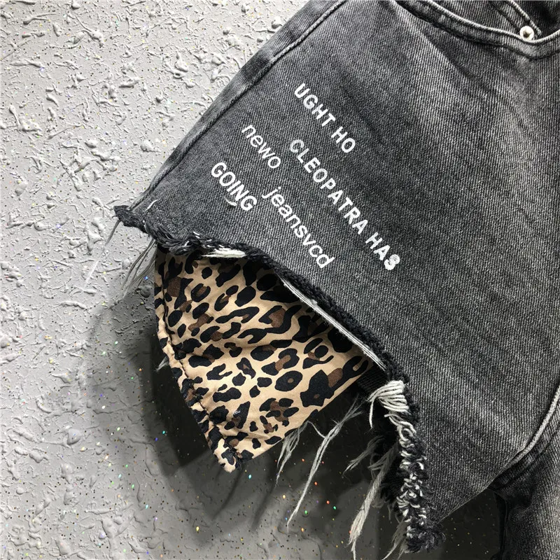 spring summer denim shorts wide leg women hole loose fashion leopard jeans shorts