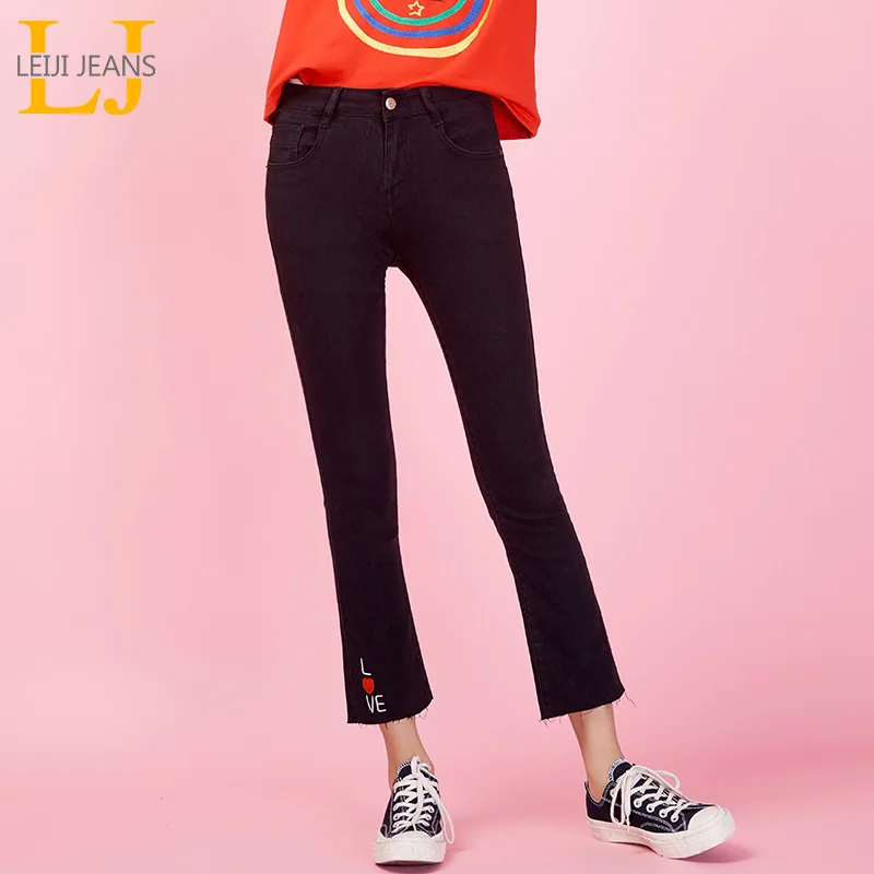 LEIJIJEANS 2019 весенние Стрейчевые черные джинсы с вышивкой размера плюс средняя талия