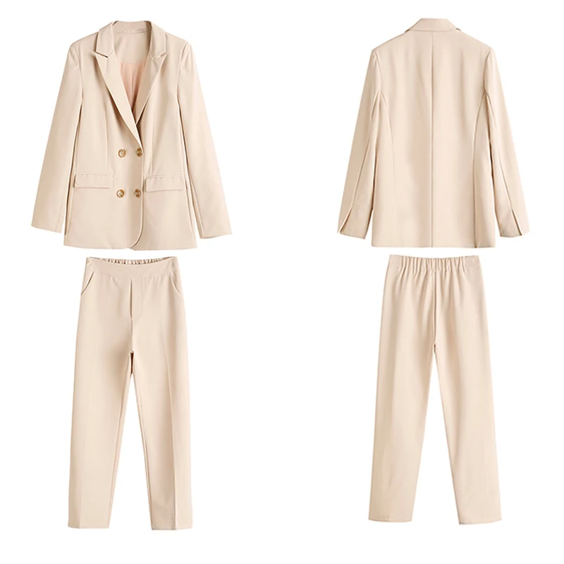 Elegant Double Breasted Women Pant Suit Slim Blazer &amp Elastic Waist Pencil OL Style 2 Pieces Set 2018 Autumn | Женская одежда