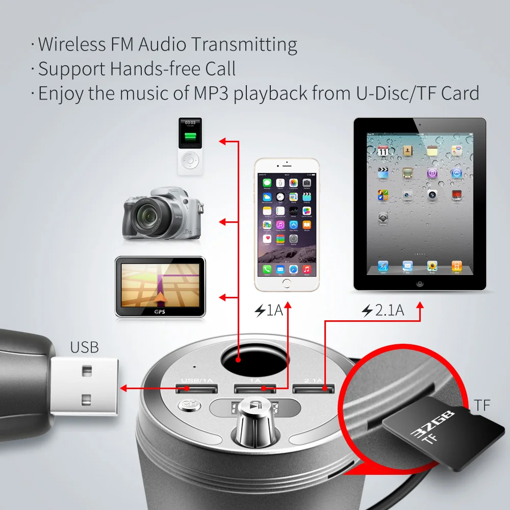 Автомобильный MP3 плеер JINSERTA с Bluetooth fm передатчик 3 выхода USB 1 А адаптер для