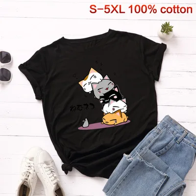 black S-5XL, новинка, принт с милой кошкой, женская футболка, хлопок, круглый вырез, короткий рукав, летняя маленькая футболка с крысами, топы, повседневные, плюс футболки - Цвет: black