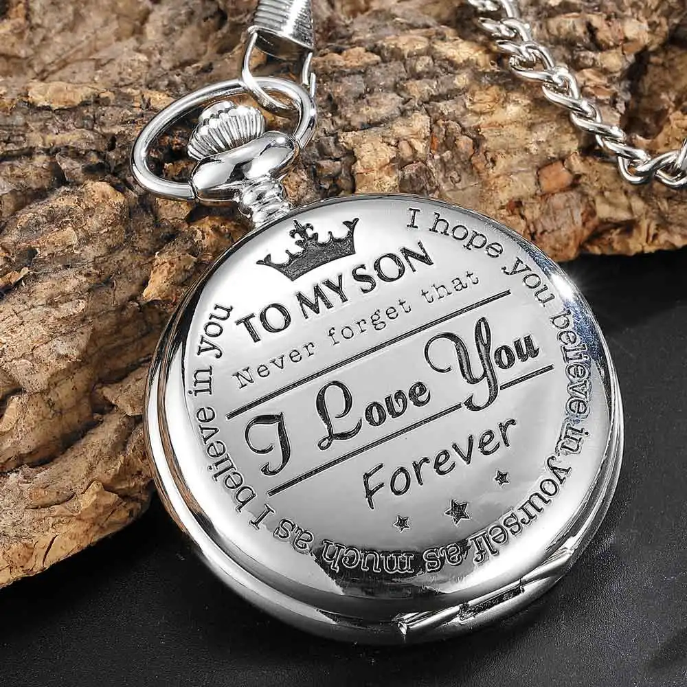 Серия «To My Son I Love You», карманные часы, золотые, черные, полностью охотничьи кварцевые часы, подвеска, ожерелье, брелок на цепочке, лучший рождественский подарок - Цвет: Silver