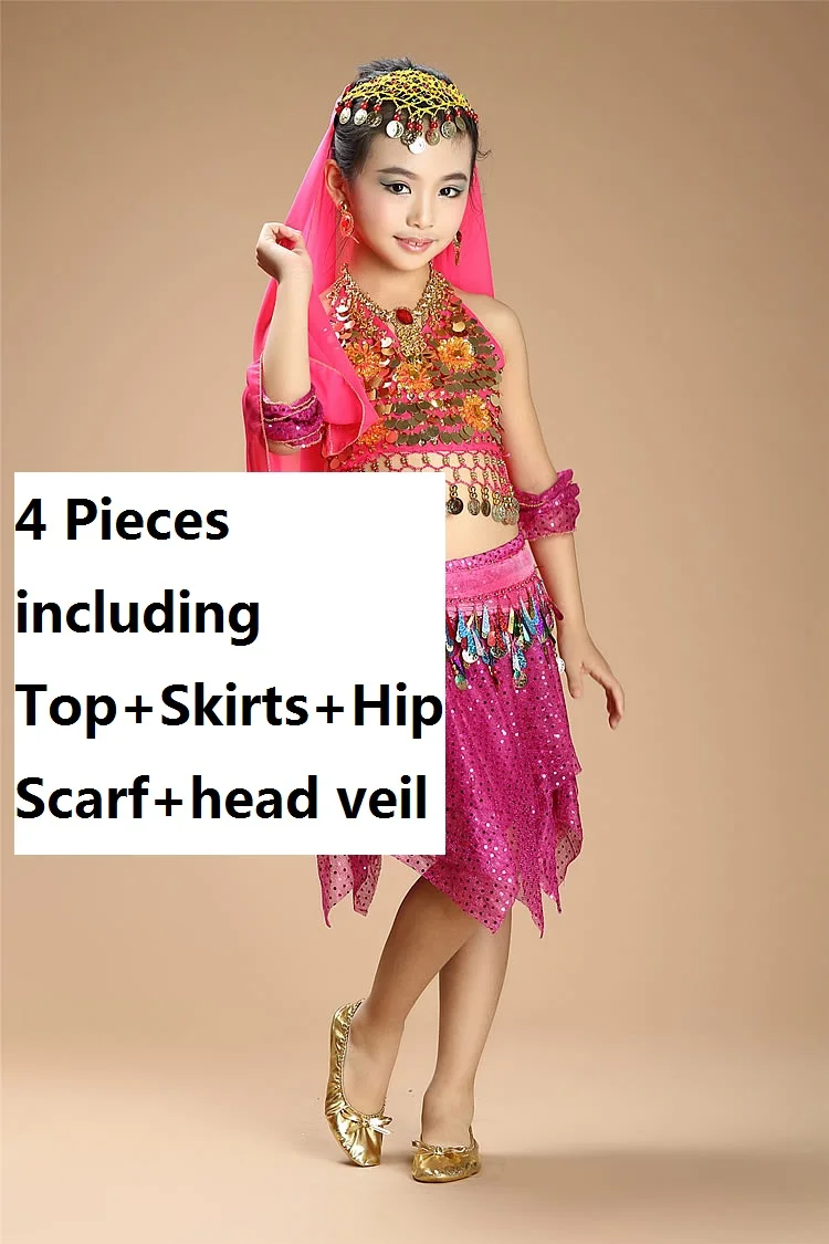 hotpink4pcs Кружевные детские танцевальные костюмы для девочек, восточные костюмы для танца живота, профессиональные Сексуальные Восточные платья для детей - Цвет: hotpink4pcs