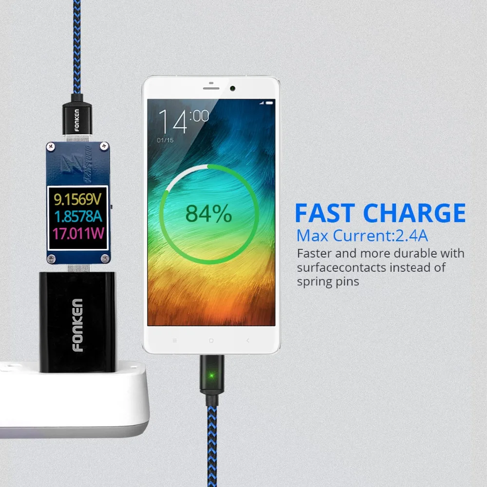Магнитный кабель FONKEN Micro usb type-C, 1 м, 2 м, магнитный usb-кабель, 3 А, быстрая зарядка для зарядного устройства телефона, кабель type-C, мобильный светодиодный кабель для передачи данных