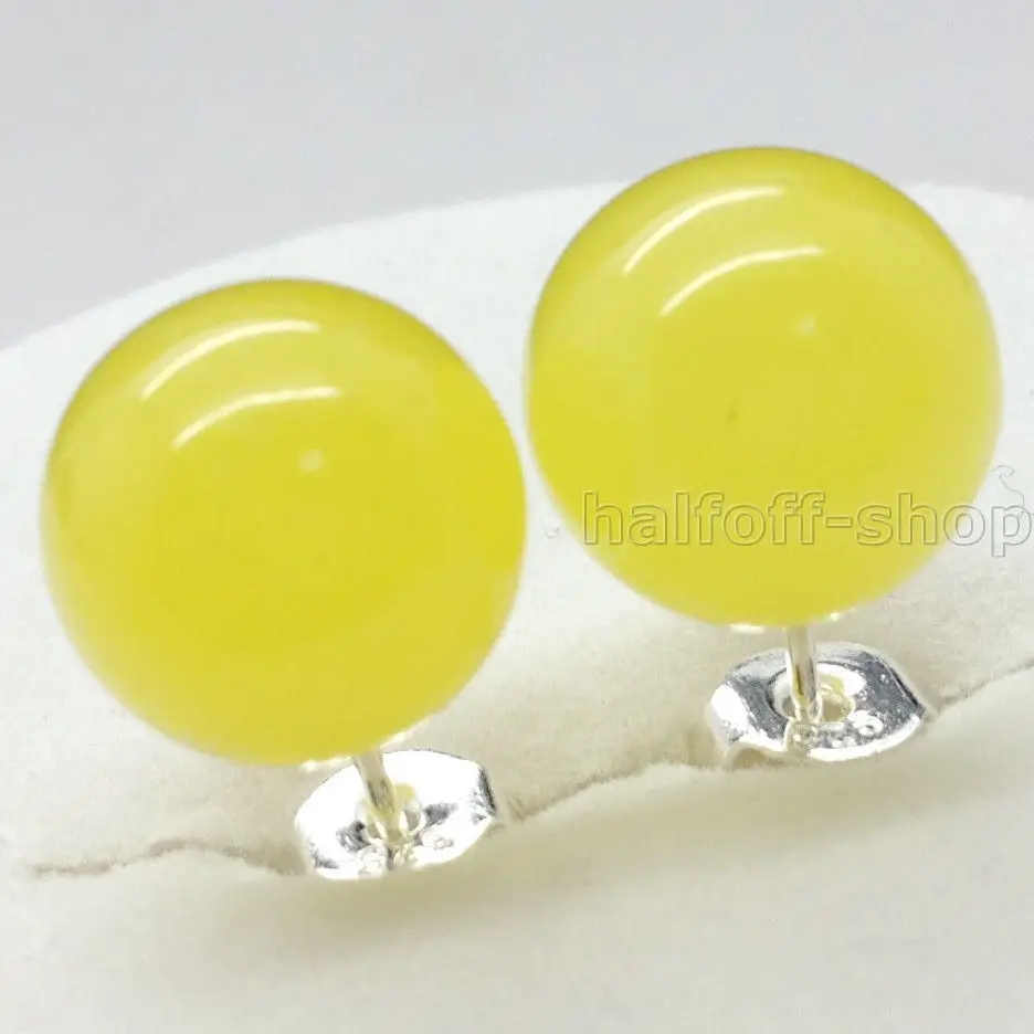 

NEW JEWELLERY NATURAL 10MM YELLOW Natural JADE STERLING SILVER STUD EARRINGS