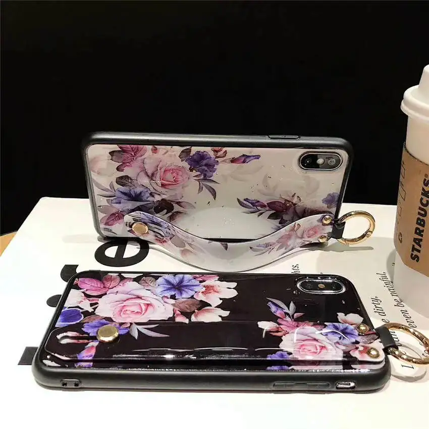 Soft Phone Back Cases For iPhone XR XS MAX 6s 8 7 Plus Luxury Retro Rose Flower Pattern Holder Stand Covers With Wristband Coque |