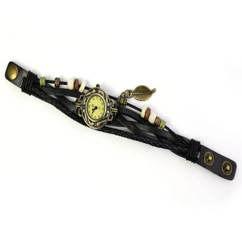 Женские наручные часы с плетением винтажные кварцевые кожаными вставками и