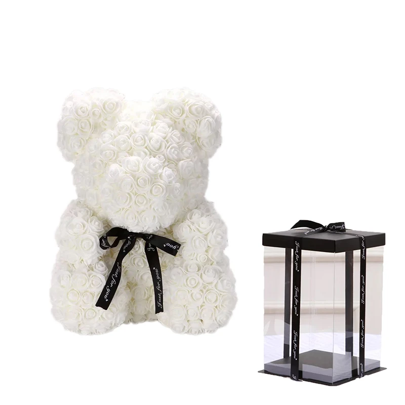 White with box Милый плюшевый мишка 25 см/40 см, искусственные цветы розы, PE розовый Мишка для женщин, подруги, подарок на День святого Валентина для детей на день рождения - Цвет: White with box