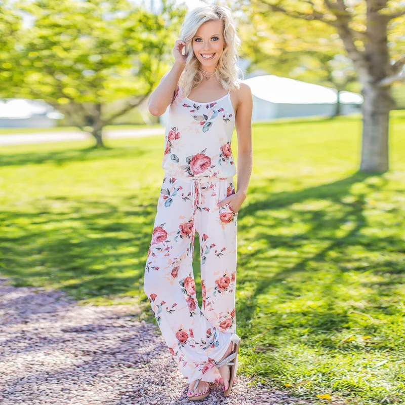 2022 Chic Women's Super-Smashed Flower Suit Jumpsuit Fashion Trend Sling Print Loose Trousers