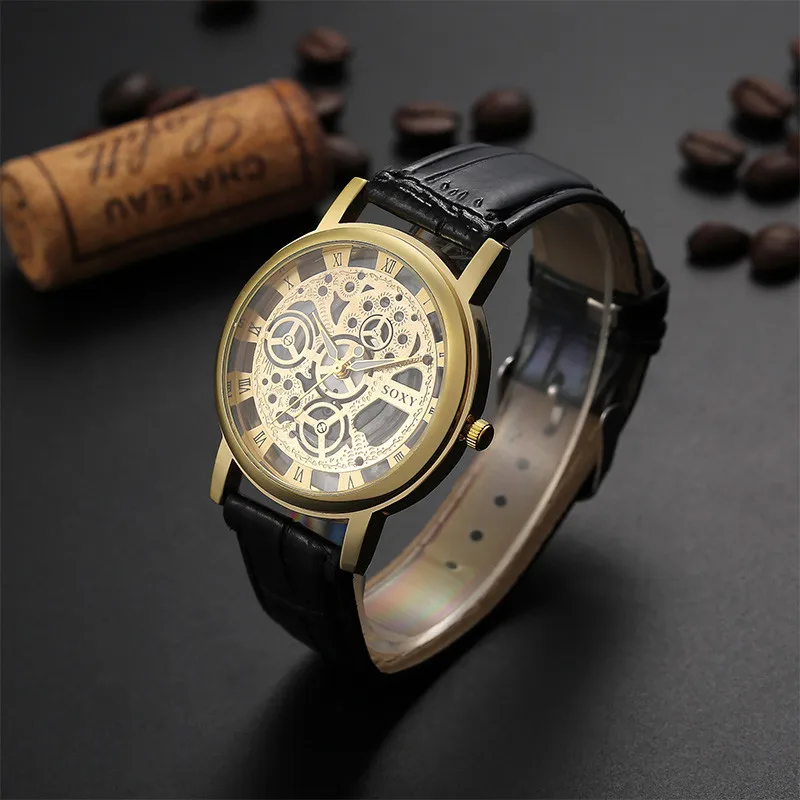 

SOXY Brand Luxury Skeleton Watch Men Watch Fashion Men's Watch Leather Strap Clock saat relogio masculino erkek kol saati reloj