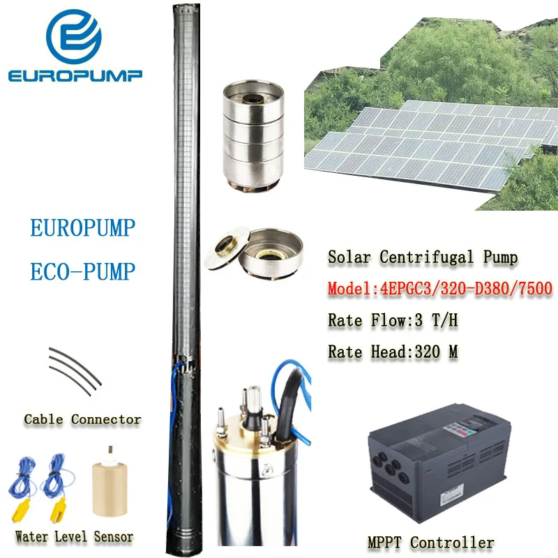 Солнечный насос EUROPUMP 10 л. С. 4 дюймовый выход 1 25 дюйма подъем 320 м расход 3000LPH