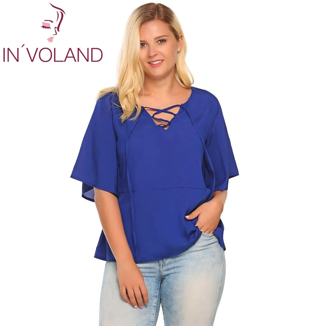 IN'VOLAND женская шифоновая блузка Blusas топы большие размеры на шнуровке с v образным