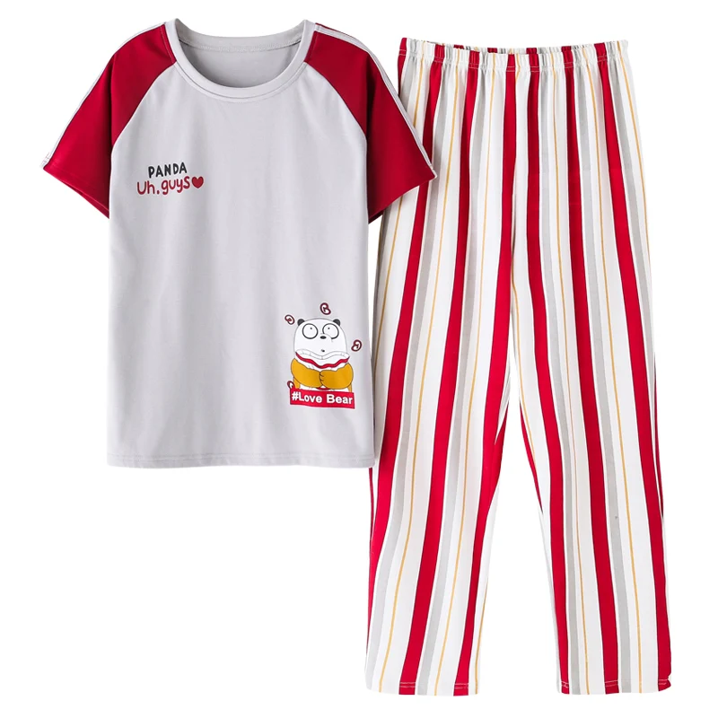 

Couple Pajamas Set Summer Sleepwear 100%Cotton Casual Loose Plus Size M-3XL Lovers Pyjamas Cartoon Short Tops+Striped Long Pants