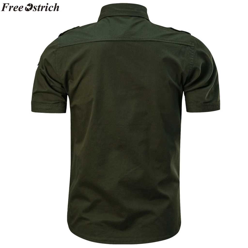 FREE OSTRICH Men Casual Cotton Military Style Short Sleeve Slim Shirt Lapel Button Shirt Fashion Clothing Comfort Plus Size 2nd