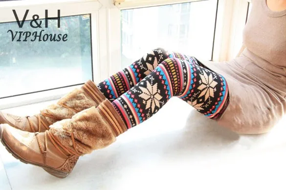 winter Colorful Crystal Pattern Snowflakes Knitted Leggings for women 34 | Женская одежда