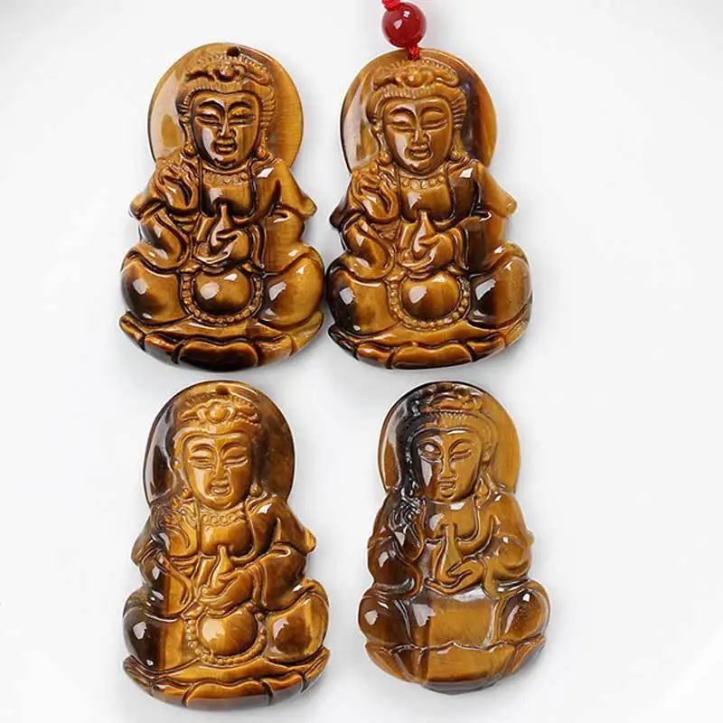 Натуральный желтый тигровый глаз Каменная Резная подвеска Гуаньинь Бодхисаттва