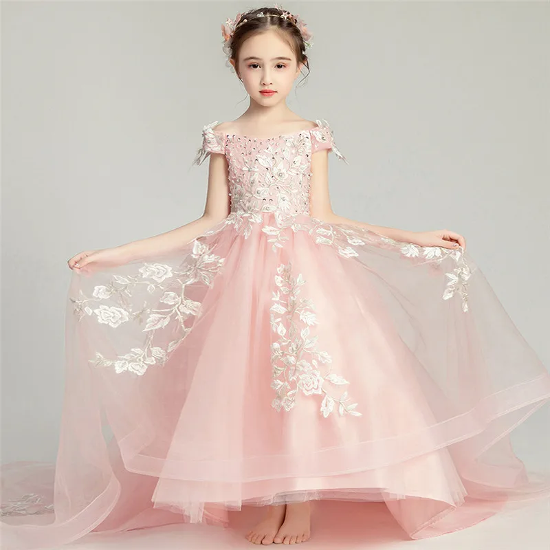 Летнее роскошное детское платье с вышитыми цветами для девочек розовое