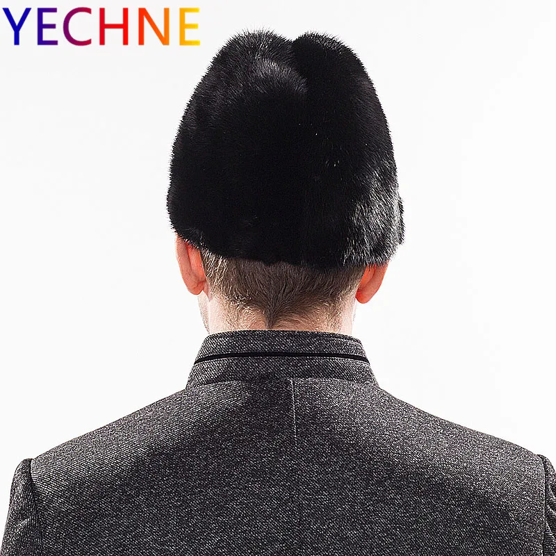 DAIDING  Winter Mink Fur Hat For Men Real Fur Hat Men's Mink Fur Trapper Cap Genuine Mink Leather Hunting Hat Ushanka