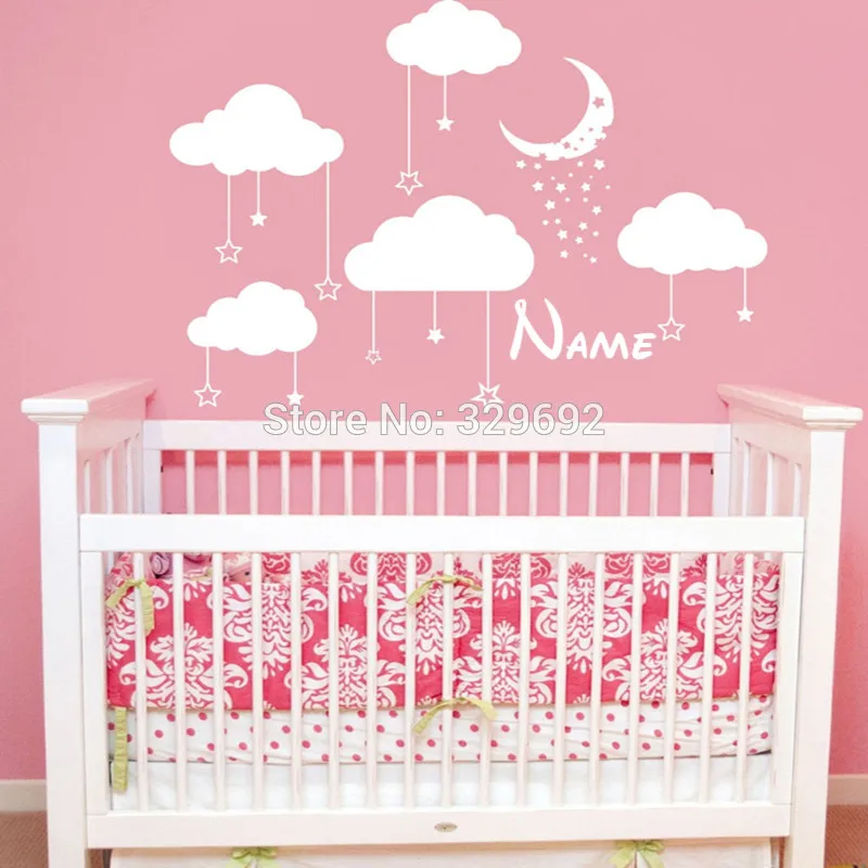 

Personalized Name Decal Stars and Moon Vinyl Wall Sticker Art Home Decor Mural Clouds Nursery Children Bedroom