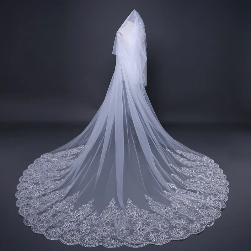 Fishday 2019 Appliqued Bridal Wedding Veil Beads Stone Girls Long 3.8m White Accessories Woman Femme With Clip D30 | Свадьбы и
