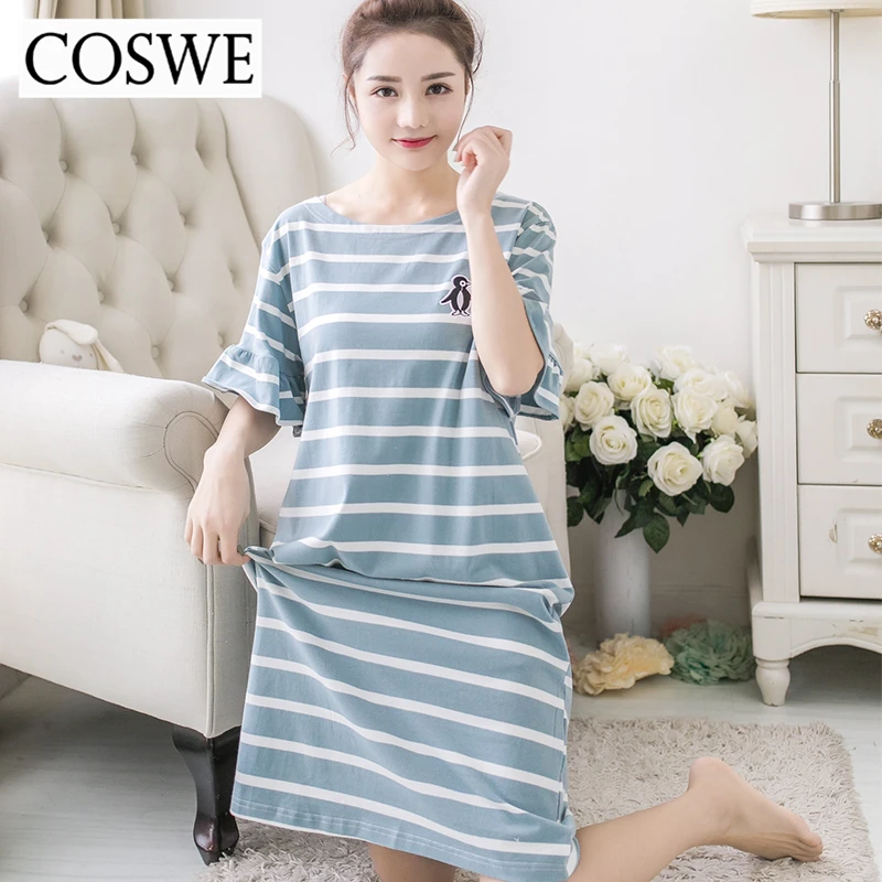 COSWE новый короткий рукав ночное белье для Для женщин трусы летние полосатые