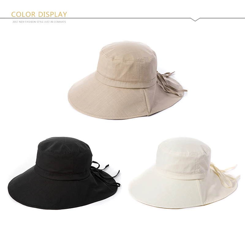 

FANCET Summer Spring Beach Women Sun Hat Femme Foldable Uv Cap Cotton Chin Cord Wide Brim Breathable Collapsible For Female 1005
